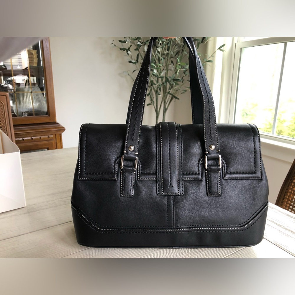 Coach Black Leather Hamilton Buckle Flap Large Satchel F12604 w/ Hangtag/Box/Bag - Picture 3 of 14